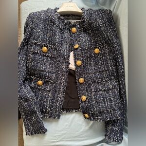 Balmain Navy Tweed Blazer with Gold Buttons